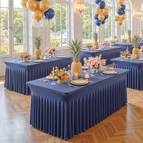 4 Pack Navy Blue Spandex Tablecloth for 6FT Rectangle Tables, Fitted Stretch Table Cover with Skirt, Wrinkle Free Washable Elastic Table Cloth for 6 Foot Folding Table, Wedding Banquet Baby Shower - Image 2