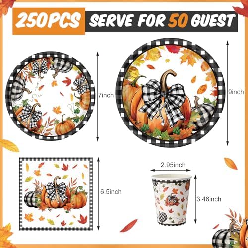 Funnymoom 250 Pcs Pumpkin Fall Paper Plates and Napkins Cups Serves 50 - Image 3