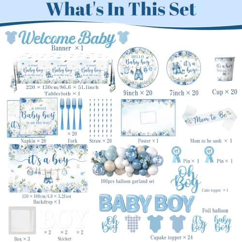 Baby Boy Shower Decorations, All-in-One Set with Boy Baby Shower Plates and Napkins, Balloon Arch, Cake Topper, Balloon Box, Banner, Tablecloth, Baby Shower Decorations Boy Serves 20 - Image 6