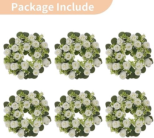 NUPTIO Flower Candle Rings for Centerpieces: 13.4 Inch Artificial Rose Wreath for Wedding Party Christmas Decorations - White Wreaths for Spring Summer Front Door Porch Table Decor 6 Pcs - Image 6