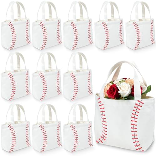 12 Pcs Baseball Bag Baseball Canvas Tote Bag Kids Tote Double Sided Beach Handbag with Handles for Sports Party Favor Travel Shopping Birthday Community Events by SilTriangle
