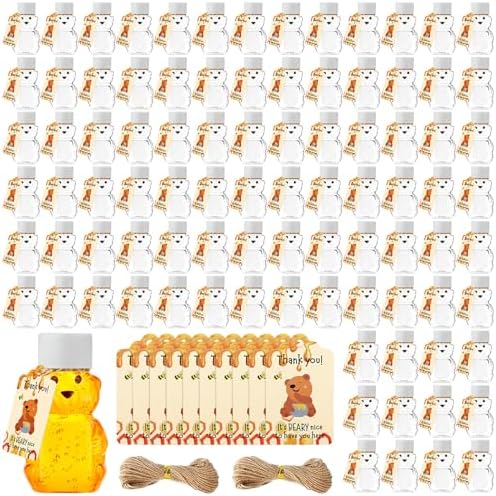 Funnymoom 96 Sets 2 oz Plastic Honey Bear Bottle Bear Shape Clear Empty Honey Jar 96 Tags 2 Rolls Jute Rope Honey Containers Empty Honey Dispenser for Baby Shower Party Favors Gifts (White Lid) by Funnymoom
