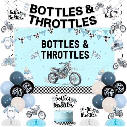Jollyboom Bottles and Throttles Boy Motorcycle Baby Shower Backdrop Decor by Jollyboom