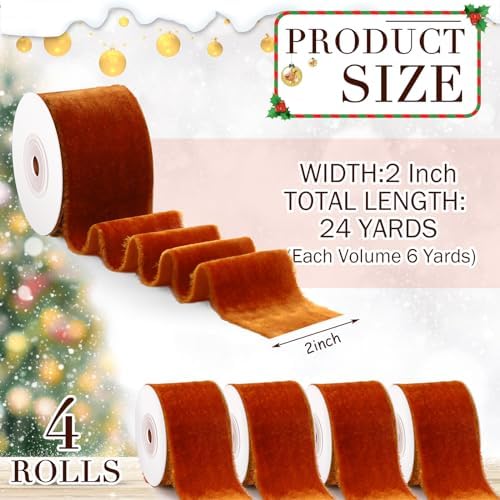 Preboun 4 Rolls Christmas Velvet Ribbon 24 Yards,Burnt Orange,2 Inch - Image 3