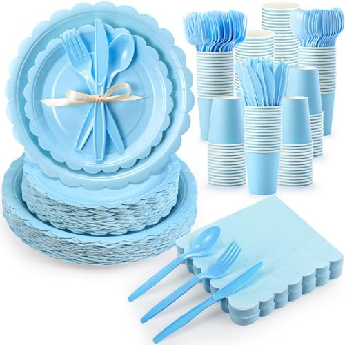 Ziliny 350 Pcs Baby Blue Plates and Napkins, 50 Guest Spring Party Supplies Include Scalloped Paper Plates Napkins Cups Plastic Spoons Forks Knives Disposable Tableware Set for Baby Shower by Ziliny