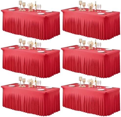 6 Packs Red Table Clothes for 6 Foot Rectangle Tables, Wrinkle Resistant Stretch Spandex Table Covers Fitted Tablecloth with Skirt for Valentines Wedding Birthday Party Event Banquet by PartyTalk