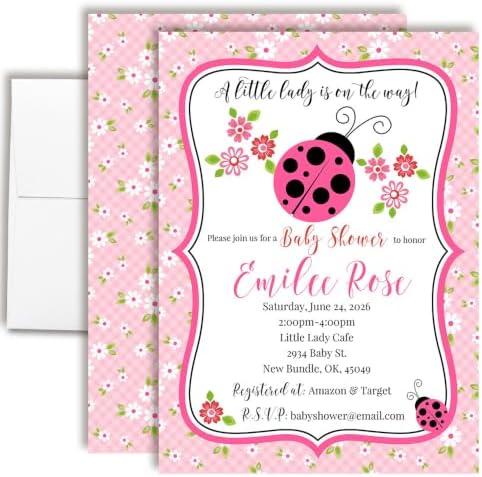 20 Custom Baby Shower Invitations with Envelopes – Personalized Little Lady Pink Ladybug 5x7 Invite Set | Fully Customizable, Proof Included, Customizable Kit of Matching Thank You Cards, Stickers & Diaper Raffle Tickets | Made in USA by AmandaCreation