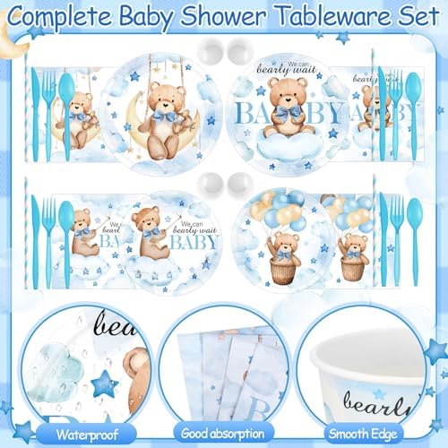 450 Pcs Tableware Set, Serve 50, Blue, Bear Baby Shower - Image 3