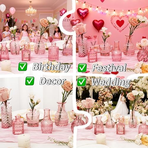 Clear Pink Glass Bud Vase Set of 24 Pcs,Small Bud Vases in Bulk,Glass Crystal Flower Vases Table Centerpieces for Party Event Wedding Decor Baby Shower Decorations (Pink, 24 Pcs) - Image 6