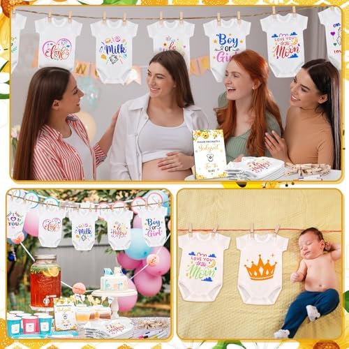 Panitay 126 Pcs Baby Shower DIY Bodysuit Set Bib 25 Blank White Newborn Bodysuit 25 Stencils 24 Marker 1 Sign 50 Pins(Bee) - Image 4