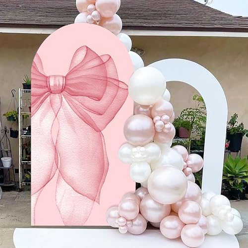Sensfun Pink Bow Arch Backdrop Cover Girls Coquette Birthday Decorations,2-Sided Pastel Pink Bowknot Chiara Backdrop Arch Covers for Princess Wedding Bridal Baby Shower Bday Party Banner Decor 2.1x5ft - Image 3