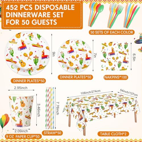 Ceenna 452 Pcs Mexican Party Decoration Supplies for 50 Guest, Mexican Plates Napkins Cups Tablecloth Cutlery Straw Fiesta Disposable Tableware for Cinco De Mayo Taco Birthday Wedding Party Decoration - Image 3