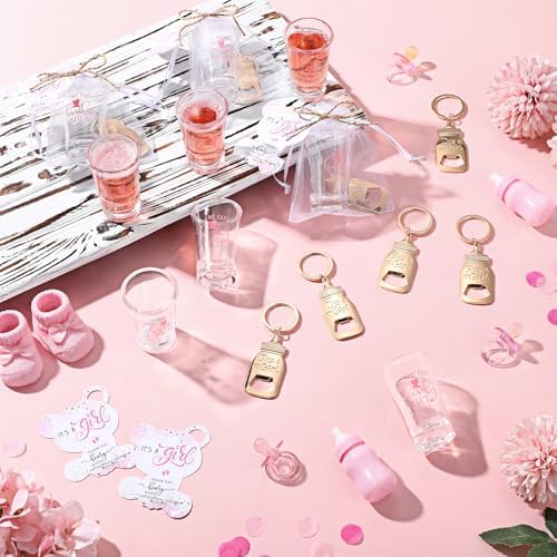Vesici 20 Set Baby Shower Favors for Guests Acrylic Shot Glasses Gold Bottle Opener Keychains Thank You Tags and Bags for Baby Shower Party Gender Reveal Party Guests Return Gift(Pink Bear) - Image 5