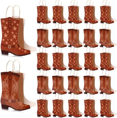 Mooliwe 32 Pcs Cowboy Cowgirl Boots Paper Bags Western Theme Kraft Gift Bag with Handles Candy Goodie Treat Grocery for Favors Wild West Birthday Rodeo Bachelorette Baby Shower Party Supplies (Brown) by Mooliwe