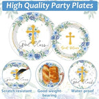 200pcs God Bless Plates Napkins Baptism Paper Tableware Set First Holy Communion Cake Dessert Disposable Dinnerware Blue Floral Party Decoration for Christening Birthday Decor Supplies Serves 50 - Image 3