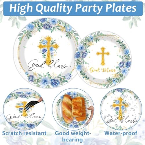 200pcs God Bless Plates Napkins Baptism Paper Tableware Set First Holy Communion Cake Dessert Disposable Dinnerware Blue Floral Party Decoration for Christening Birthday Decor Supplies Serves 50 - Image 3
