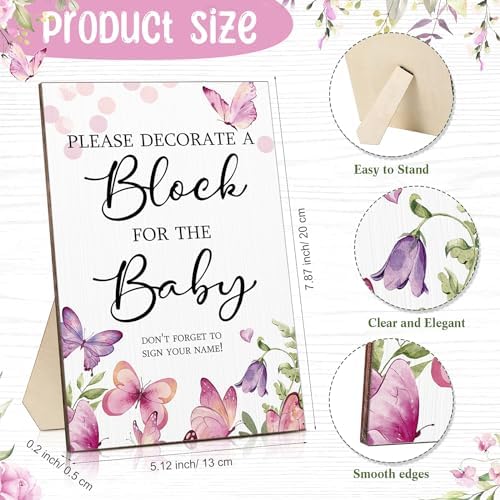 Qilery 75 Pcs Baby Shower Game Sign Kit Wood Blocks, Pink Purple, Butterfly - Image 2