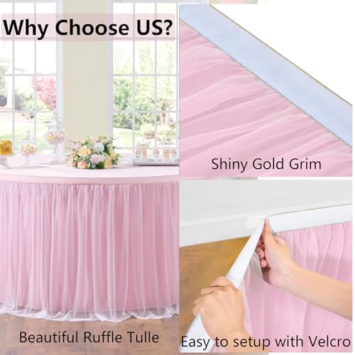 156in Baby Pink Tulle Table Skirts for Rectangle Tables 8ft 6ft, 2-Layer 13 ft Long Gold Grim Princess Pink Ruffle Tulle Tutu Table Skirt Cloth for Girl Birthday Baby Cake Dessert(No Table Cover) - Image 4