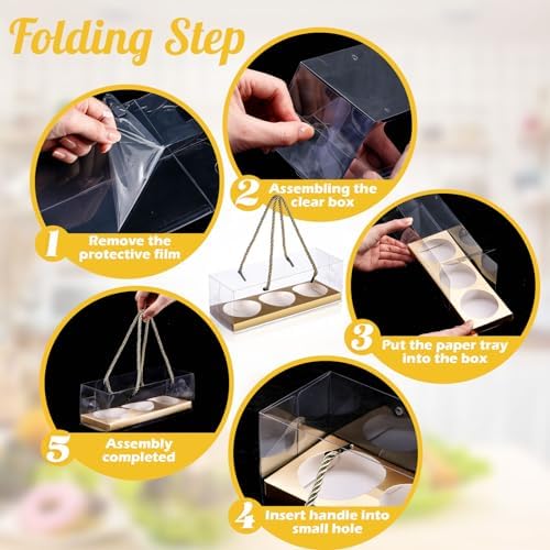 Thenshop 40 Pcs Clear Cupcake Boxes 9x3x3 in 3 Compartment Holder,Gold - Image 3
