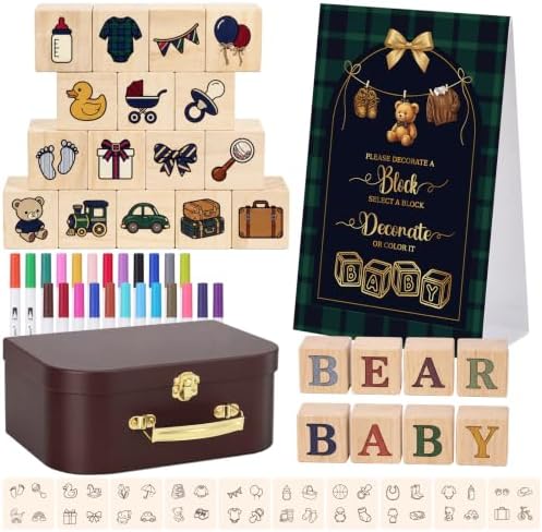 Junkin 138 Pcs Tartan Plaids Bear Baby Shower Decoration Blocks to Decorate Game Kit 72 Wooden Blocks 1 Game Sign 40 Paint Templates 1 Suitcase Storage Box 24 Markers for Baby Shower Activity Party by Junkin