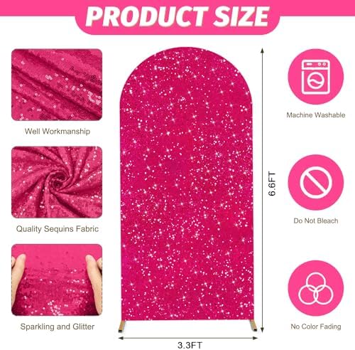 MODFUNS Sequins Arch Cover Hot Pink Spandex Arch Cover 6.6ft Shimmer Arch Cover Spandex Arch Stand Cover 2-Sided Use Stretchy Cover Elegant Wedding Arch Backdrop Cover for Party Banquet Decoration - Image 3