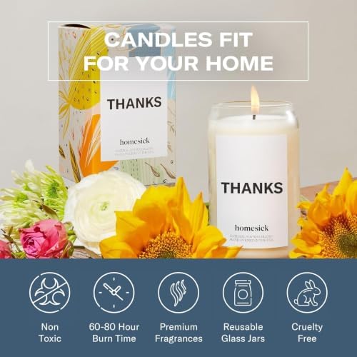Homesick Scented Candles for Home (Thanks) - 13.75 oz Long-Lasting Soy Wax Blend Jar Candle Gifts for Women for All Occasions, 60-80 Hours Burn Time - Notes of Cucumber, Lemon & Patchouli - Image 5
