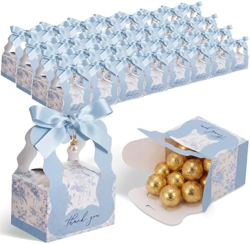ForraFun 100 Sets Floral Wedding Favor Boxes with Pearl Pendant Bow, Blue by Unknown