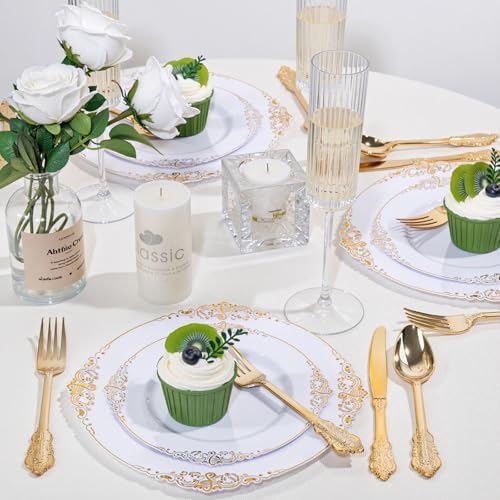 125PCS White and Gold Plastic Plates for Wedding and Party - Image 5