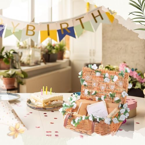 Geelin Wicker Wedding Card Basket with Lid Letter Flag Rustic,White - Image 5