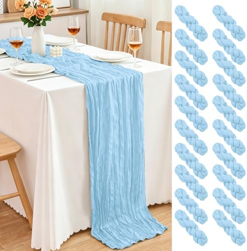 20 Pack Light Blue Cheesecloth Table Runner, 17x108 Inch Semi Sheer Boho Gauze Cheese Cloth Fabric Table Runners for Wedding Party Baby Shower Birthday Garden Farmhouse Table Decor by Yemosa