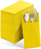 Disposable Linen-Feel Dinner Napkins With Flatware Pocket, Yellow, 50-Pack by SERVIETTO