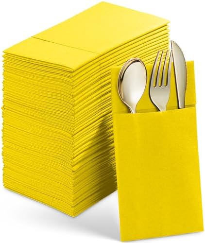 Disposable Linen-Feel Dinner Napkins With Flatware Pocket, Yellow, 50-Pack by SERVIETTO
