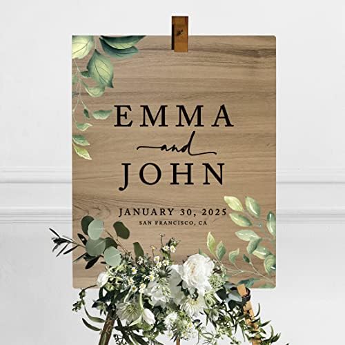 Andaz Press Large Wooden Welcome Sign for Wedding, Rustic Welcome Sign 16" x 20" Custom Names Greenery Leaves Wedding Signage English Oak MDF Wood Finish Wedding Reception Indoor Outdoor Signs - Image 3