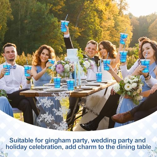 Sliner 50 Sets 16oz Royal Blue White Gingham Party Plastic Cups - Image 5