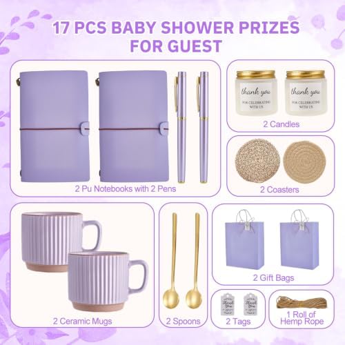 Baby Shower Prizes for Game Winners Baby Shower Games Prizes Ceramic Mugs with Metal Spoons Woven Coasters Notebooks Scented Candles Gift Bags Wedding Bridal Shower Favors for Guests (2, Purple) - Image 4