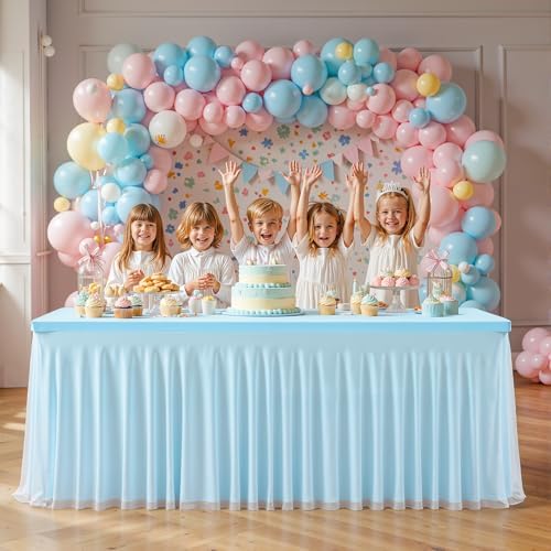 PARTISKY Blue Tablecloths 4 Foot Rectangle Tables, Spandex Fitted Tablecloth Stretch Table Cover with Tulle Skirt for Baby Shower Birthday Party Wedding Banquet Dessert Table Decorations - Image 3