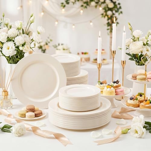 I00000 102 Pcs Ivory Plastic Plates, Premium Disposable Party Plates - Image 3