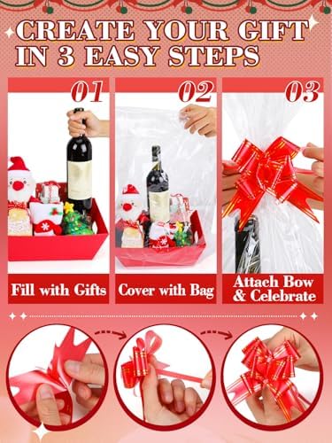Beeplove 6 Sets Large Thick Kraft Baskets for Gifts Empty - Gift Baskets Empty Kit with Cellophane Wrap and Pull Bows for Wedding Birthday Bridesmaid Baby Shower, Red - Image 7