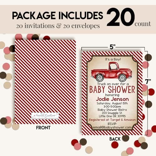 Amanda Creation Custom Baby Shower Invites Red Truck Baby Shower Invitation 20 5x7 Custom Personalized Invites With Envelopes - Image 4
