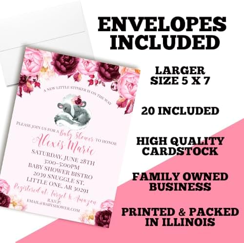Amanda Creation Custom Baby Shower Invites Skunk Girl Baby Shower Invitations 20 5x7 Custom Personalized Invites With Envelopes - Image 6