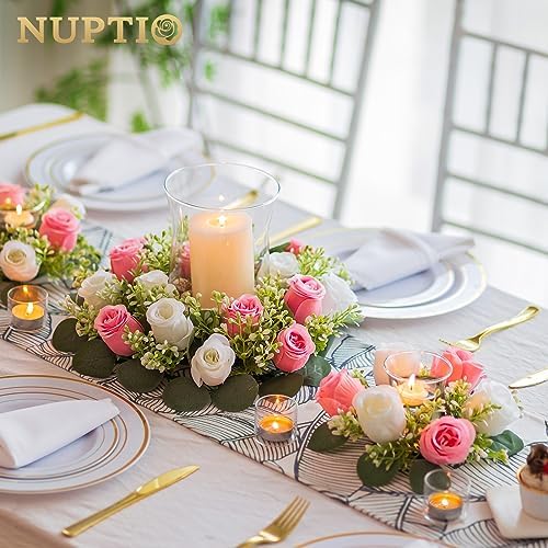NUPTIO Flower Wedding Centerpieces for Tables - 10 Pcs 14 inch Diam Large Pink & White Artificial Flowers Fake Roses Candle Rings Wreaths Spring Summer Wreath for Front Door Weddings Party Decor - Image 2