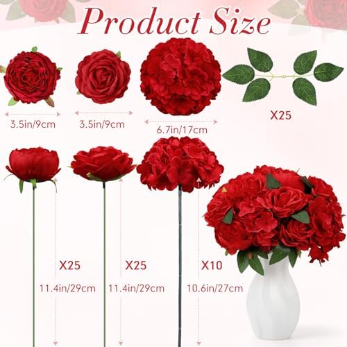 Suncalla 60 Pcs Assorted Silk Artificial Flowers, Faux Fake Full Hydrangea Peony Rose Bouquet with Leaf Stem for Wedding Centerpiece Bridal DIY Craft Baby Shower Party Decor(Red) - Image 2