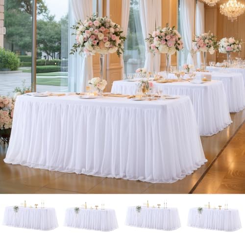 Wish Care 4 Pack White Tulle Tablecloth for 6 Foot Rectangle Tables 6FT Wrinkle Free Stretch Fitted Table Cloths with Tutu Skirt Ruffle Table Cover for Wedding Birthday Party Banquet Cake Tablecloth by WishCare