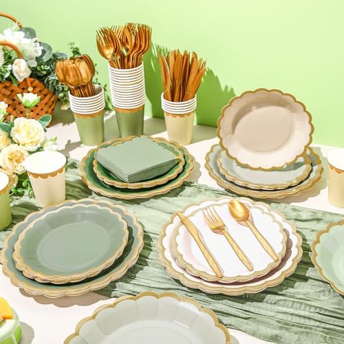 Mimorou 169 Pcs Sage Green Plates Napkins Cups Flatware Set - Image 2