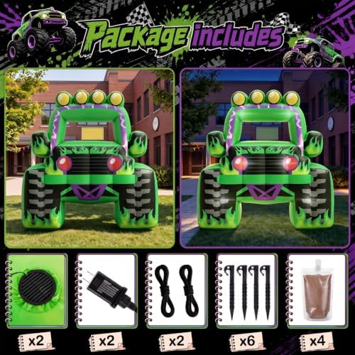 Junkin 6 x 5 FT Monster Truck Inflatable Photo Booth Frame with LED Lights, Giant Racing Truck Photo Prop, Birthday Party Decorations, Baby Shower Decor, Racing Theme Party Supplies (Lightning,Green) - Image 3