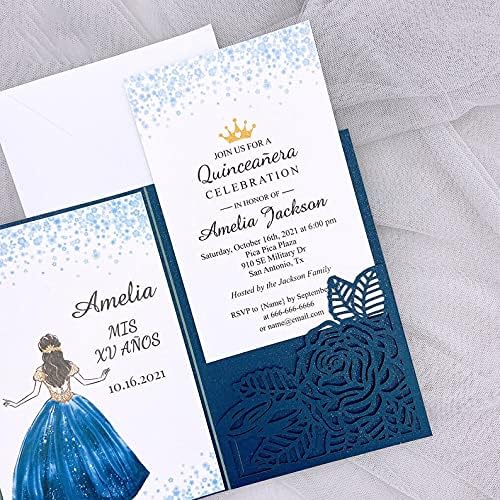50sets Green Laser Cut Wedding Invitations Card Rose Greeting Cards Envelopes Invitation for Wedding Birthday Baby Graduation Party Supplies (Whole sets, Navy) - Image 4