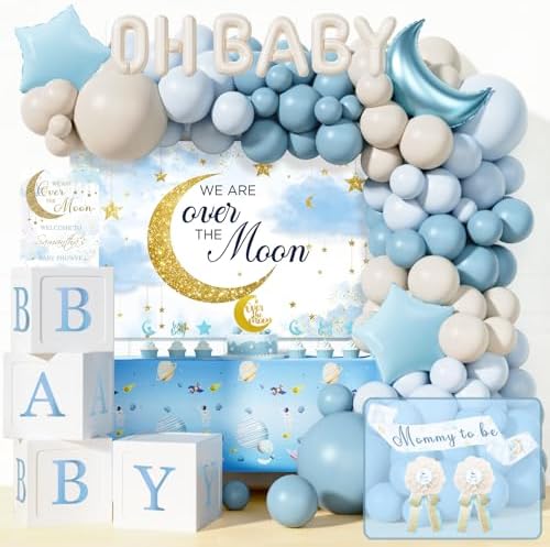 Costova Over the Moon Baby Shower Decorations – 125 PCs Moon and Star Themed Party Supplies with Balloon Garland, Cake Topper, Backdrop, Tablecloth, Moon & Star Foil Balloon, Sash, Badge by Unknown