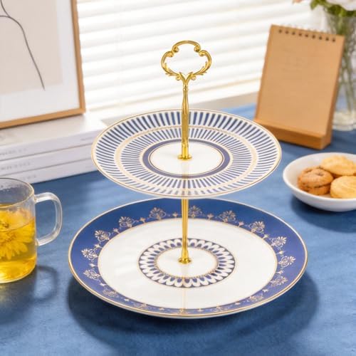 KAMMAK 2-Tier Porcelain Cupcake Stand Serving Tray, Dessert Plates Cake Fruit Candy Display Tower, Reusable Pastry Platter for Wedding Birthday Baby Shower Tea Party Decorations (Blue) - Image 5