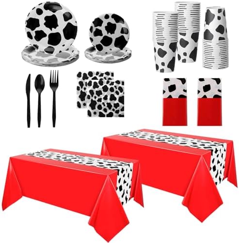Oudain 222 Pcs Cow Dinnerware Set for 20 Guest Cow Tablecloth Plates and Napkins Cowgirl Party Decorations Cowboy Table Runner Plastic Black White Party Supplies(Black, White, Red,Classic) by Oudain