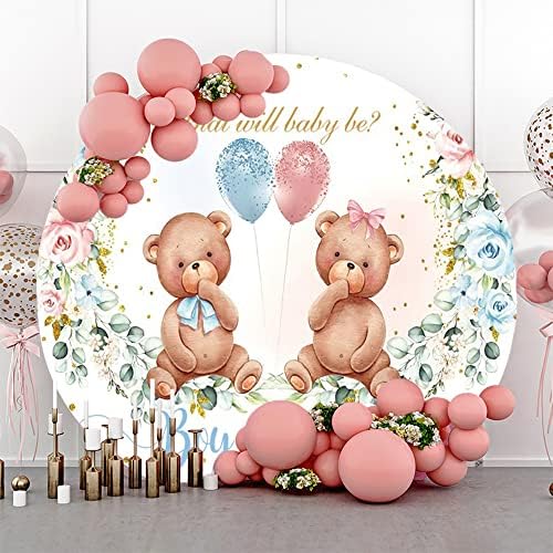 Leyiyi 6.5x6.5ft Boy or Girl Baby Shower Round Backdrop Golden Dots What Will Baby Be Lovely Bear Background for Photography Watercolor Floral Balloons Newborn Gender Reveal Party Cake Table Banner - Image 2